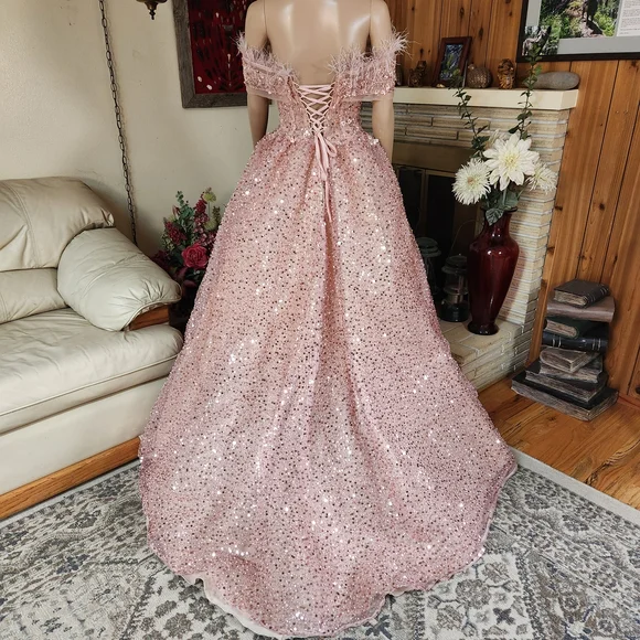Dreamy Pink Heart-Sequined & Pearl Ball Gown Feathered & Corseted